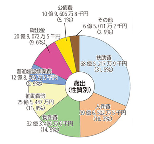 画像：平成25年度一般会計予算額及び構成比（歳出性質別）円グラフ　内訳：扶助費68億5,217万9千円（31.5%）人件費39億6,502万5千円（18.3%）物件費32億3,436万6千円（14.9%）補助費25億5,447万円（11.8%）普通建設事業費12億8,705万5千円（5.9%）繰出金20億9,072万5千円（9.6%）公債費10億9,606万8千円（5.1%）その他6億5,011万2千円（2.9%）