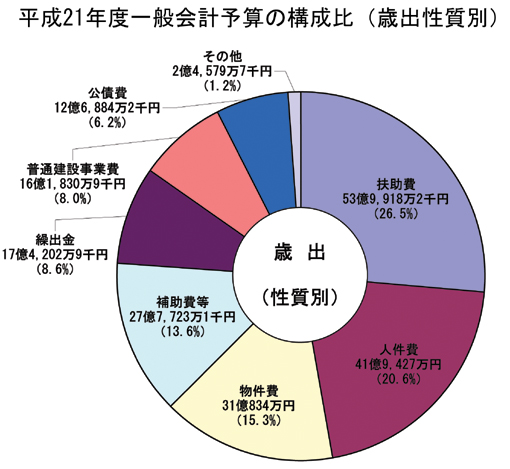 画像：平成21年度一般会計予算額及び構成比（歳出性質別）円グラフ　内訳：扶助費53億9,918万2千円（26.5%）人件費41億9,427万円（20.6%）物件費31億834万円（15.3%）補助費等27億7,723万1千円（13.6%）繰出金17億4,202万9千円（8.6%）普通建設事業費16億1,830万9千円（8.0%）公債費12億6,884万2千円（6.2%）その他2億4,579万7千円（1.2%）