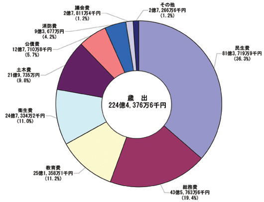 画像：平成19年度一般会計決算額及び構成比（歳出）円グラフ　民生費81億3,719万9千円（36.3%）総務費43億5,763万6千円（19.4%）教育費25億1,358万1千円（11.2%）衛生費24億7,334万2千円（11.0%）土木費21億9,735万円（9.8%）公債費12億7,710万8千円（5.7%）消防費9億3,677万円（4.2%）議会費2億7,811万4千円（1.2%）その他2億7,266万6千円（1.2%）