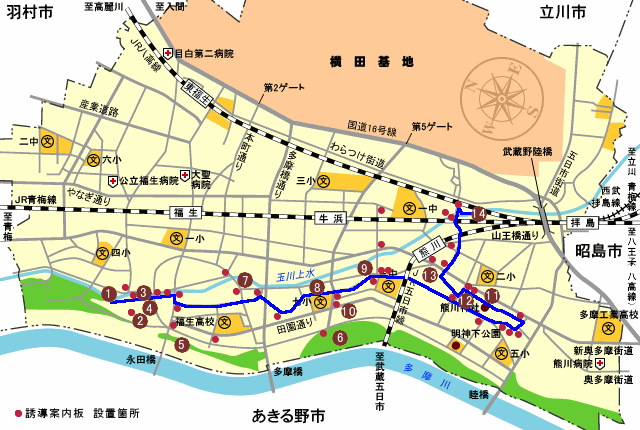 地図：福生の名刹（寺院）と分水、水と緑の味わいコース